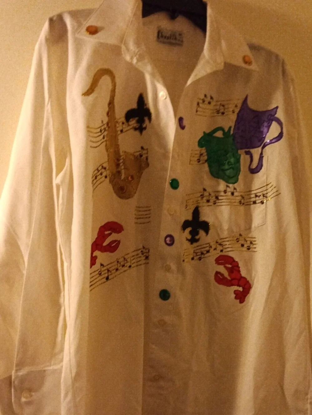 Hand-Painted White Men’s Ladies Button-Up Shirt with Musical & Mardi Gras Motifs